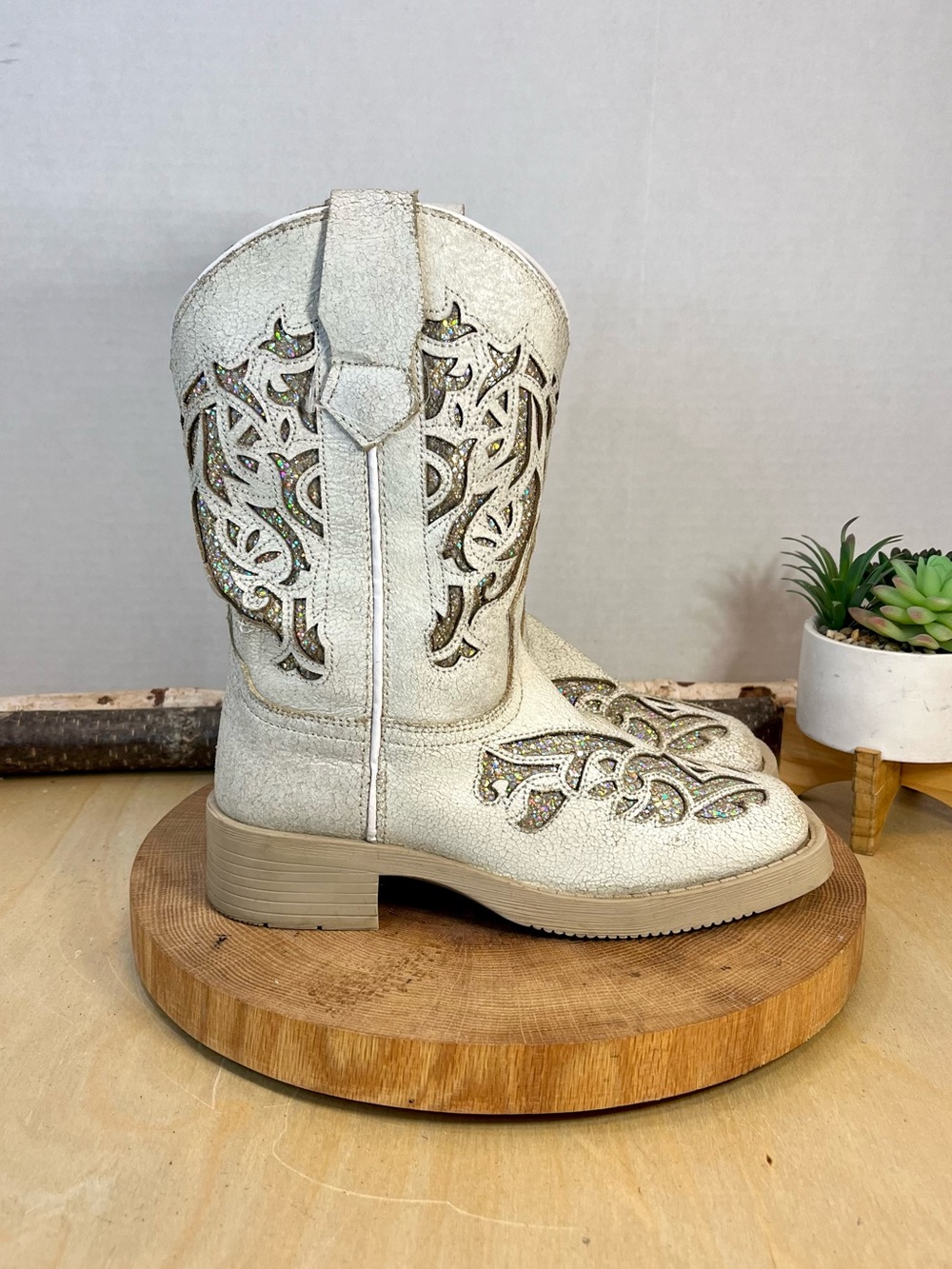 J.B. Dillon Reserve Kids White Leather Western Cowboy Boots Sparkly Sz 2.5